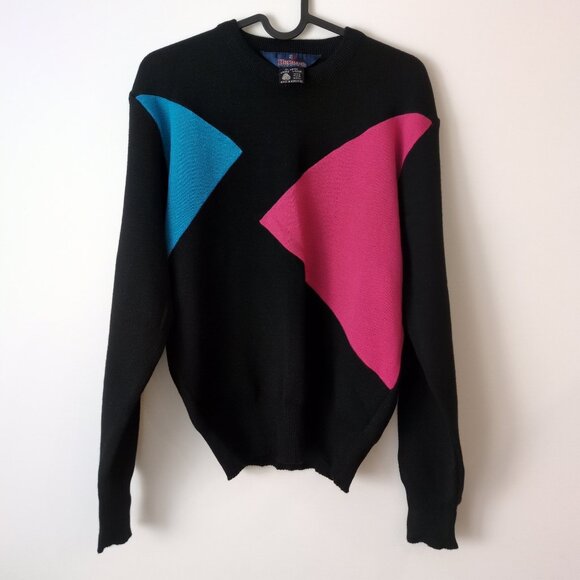 Vintage Sweaters - Vintage Wool Sweater Womens LARGE Black Neon Geometric Long Sleeve NOS